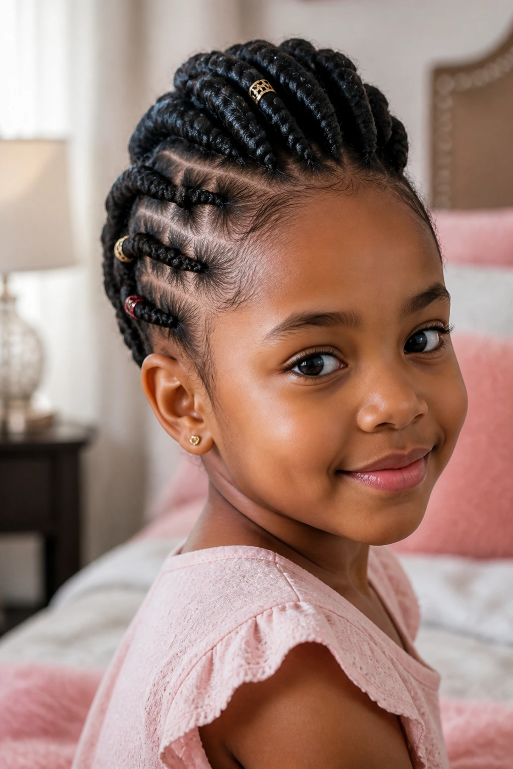 Close-up of a child with a soft-edge braided Mohawk in a cozy home setting
