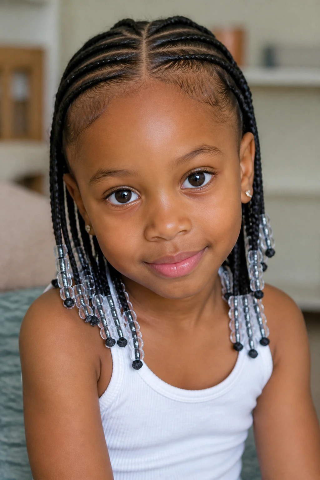 Close-up of a real child with soft bead tribal braids in a bright home setting