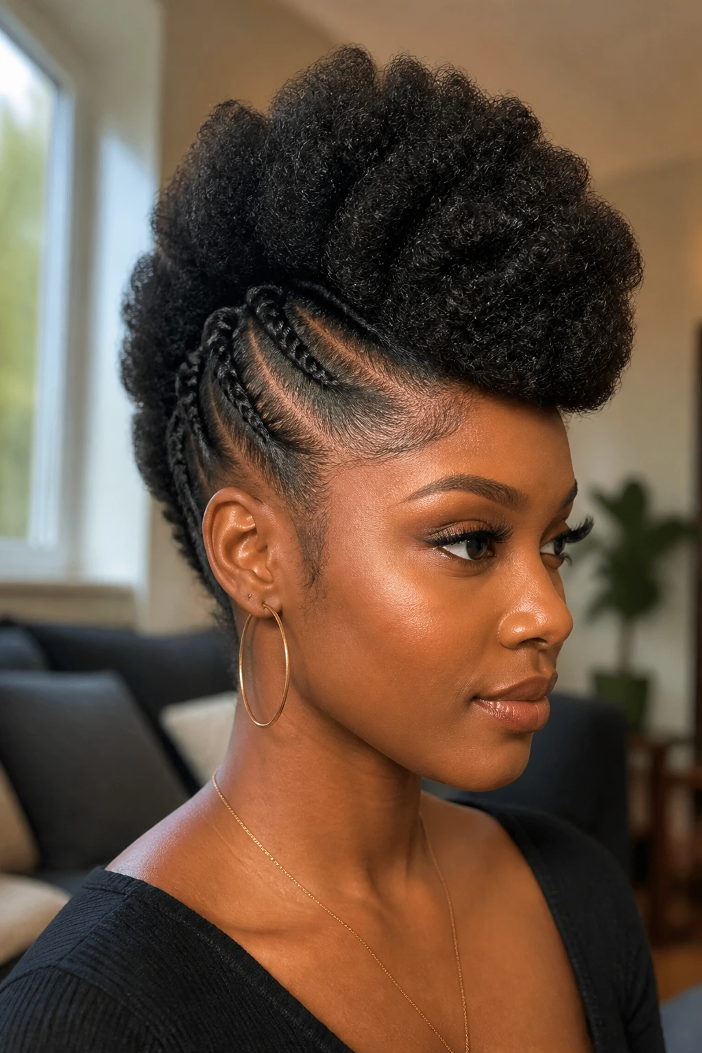 Close-up of a real woman with a kinky Afro Puff Frohawk mohawk hairstyle