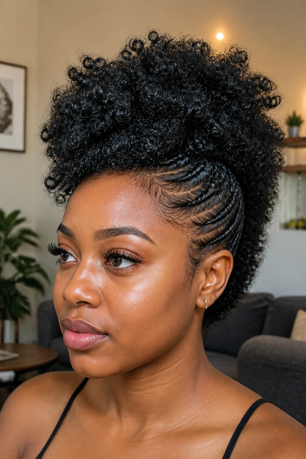 Close-up of a real Black woman with kinky curl volume hawk