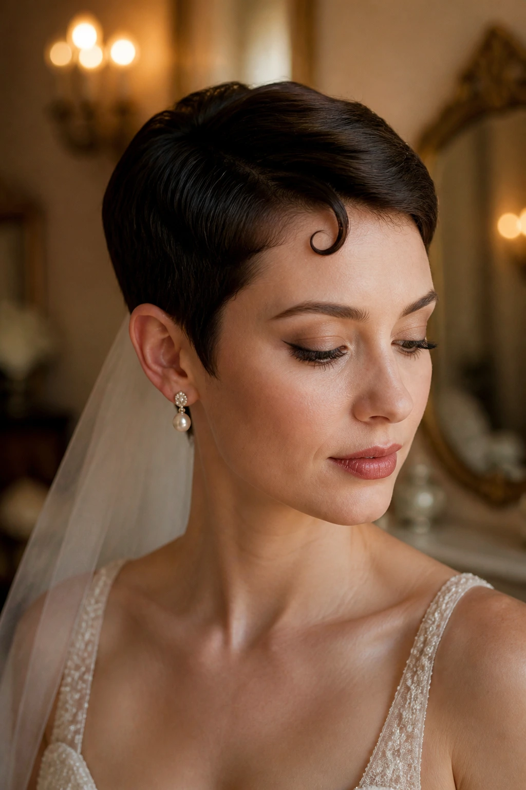 Bride with retro kiss-curl pixie and forehead detail