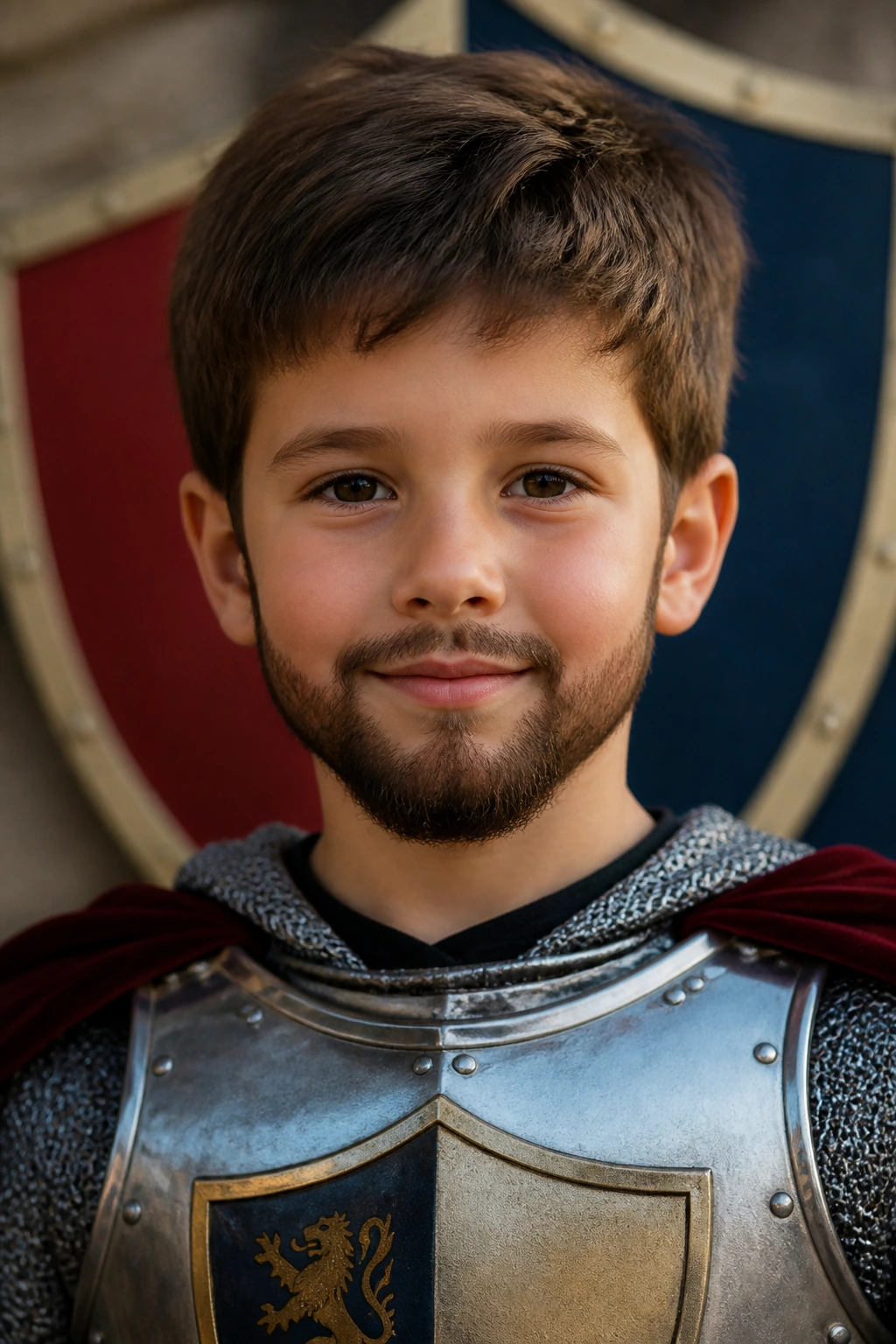 Child with symmetrical knight beard under chin in knight costume