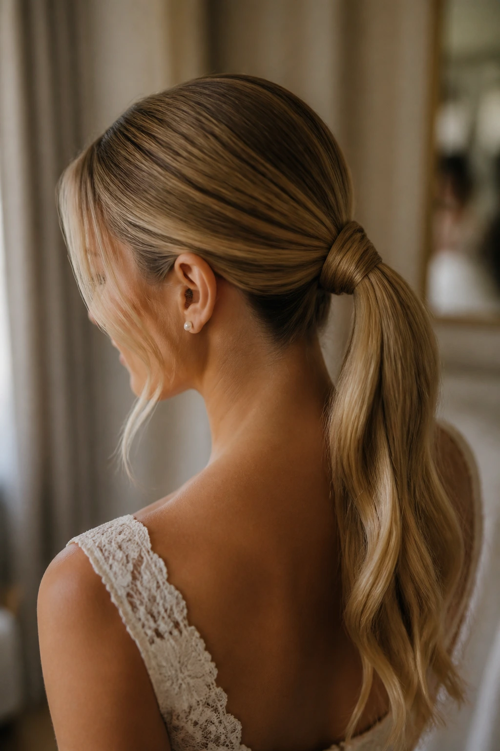 Medium-close shot of minimalist knot-base ponytail on real bride with sleek base hidden