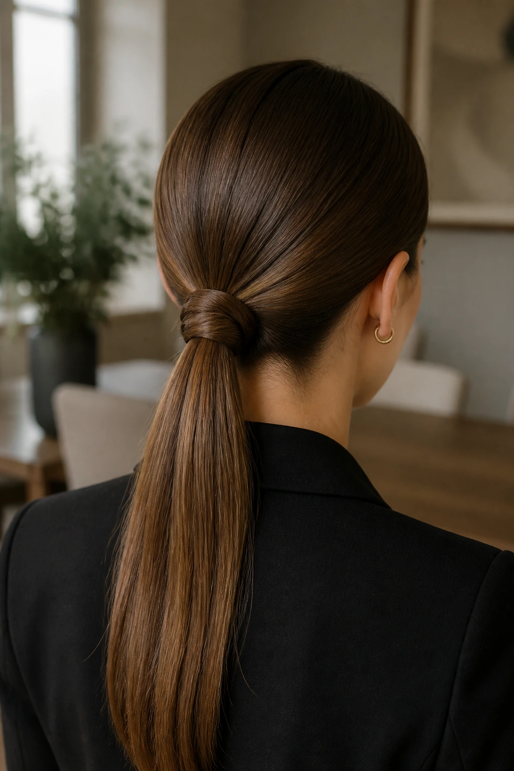 Real woman with low ponytail showing knot detail at the base
