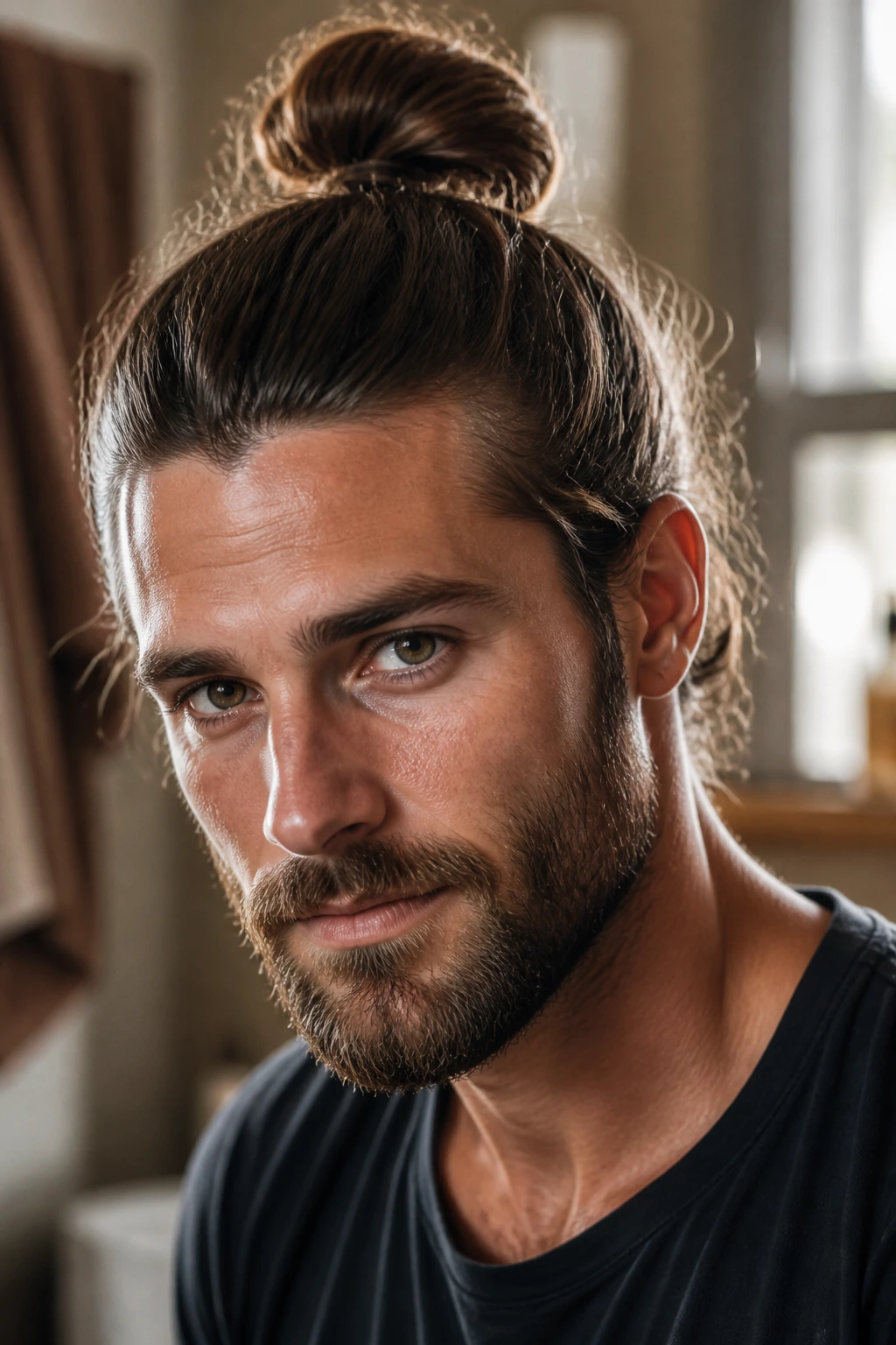 Close-up of a man with a neatly styled knot on top in a warm window-lit bathroom