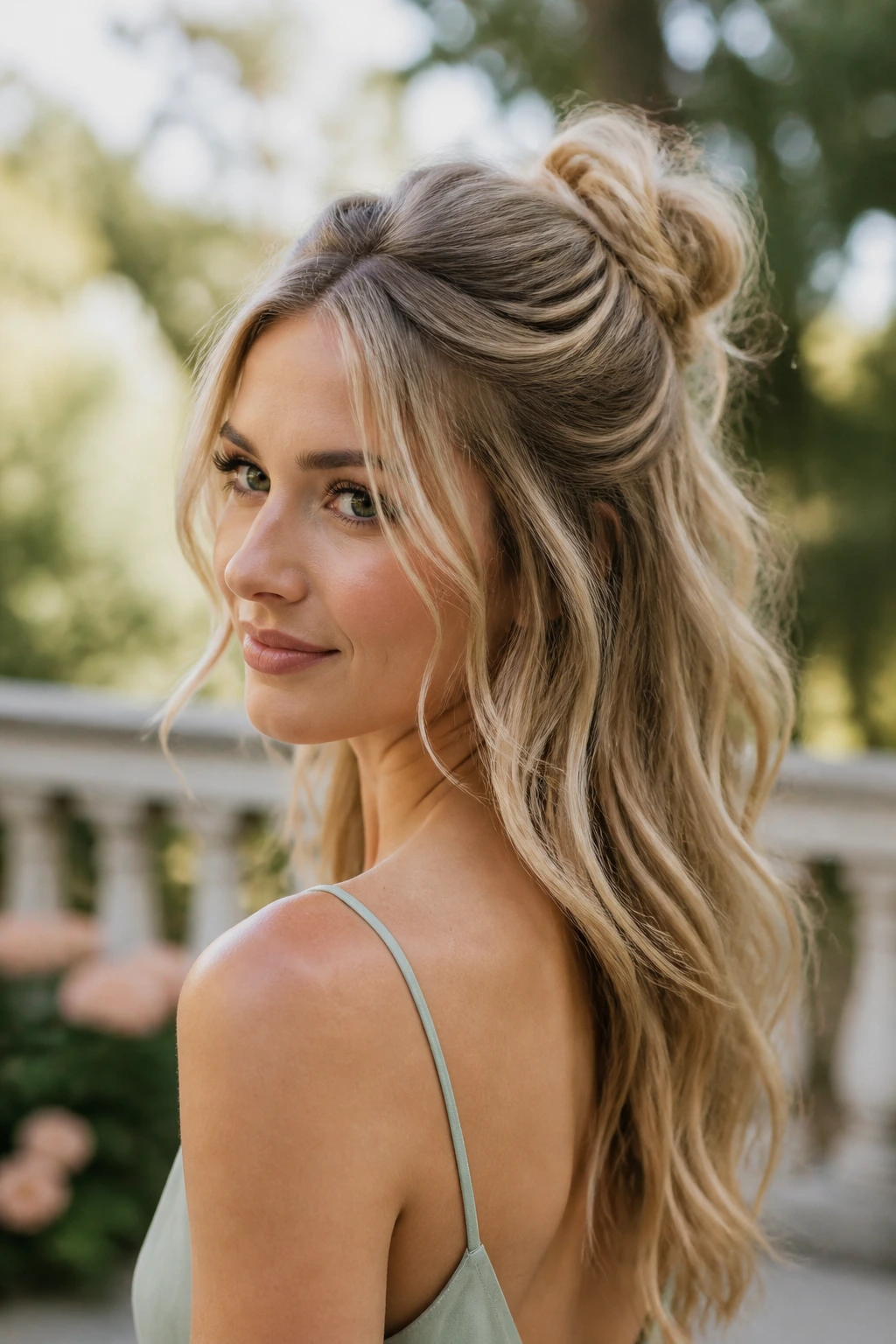 Close-up of a real woman with a tousled knot half-up and textured waves
