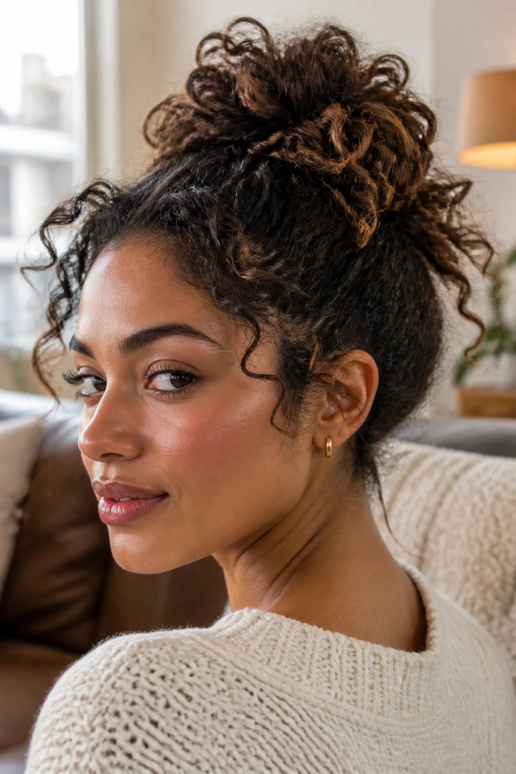 Close-up of Knot-Out Bun with ends poking out on layered curly hair in a cozy setting