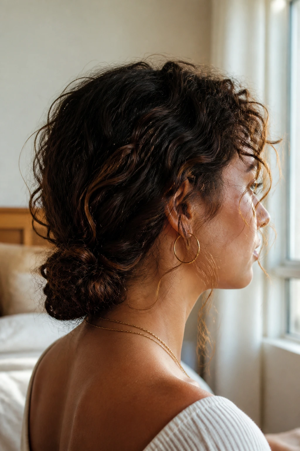 Close-up of a real person wearing a knot-and-pin low bun at the nape with curly texture