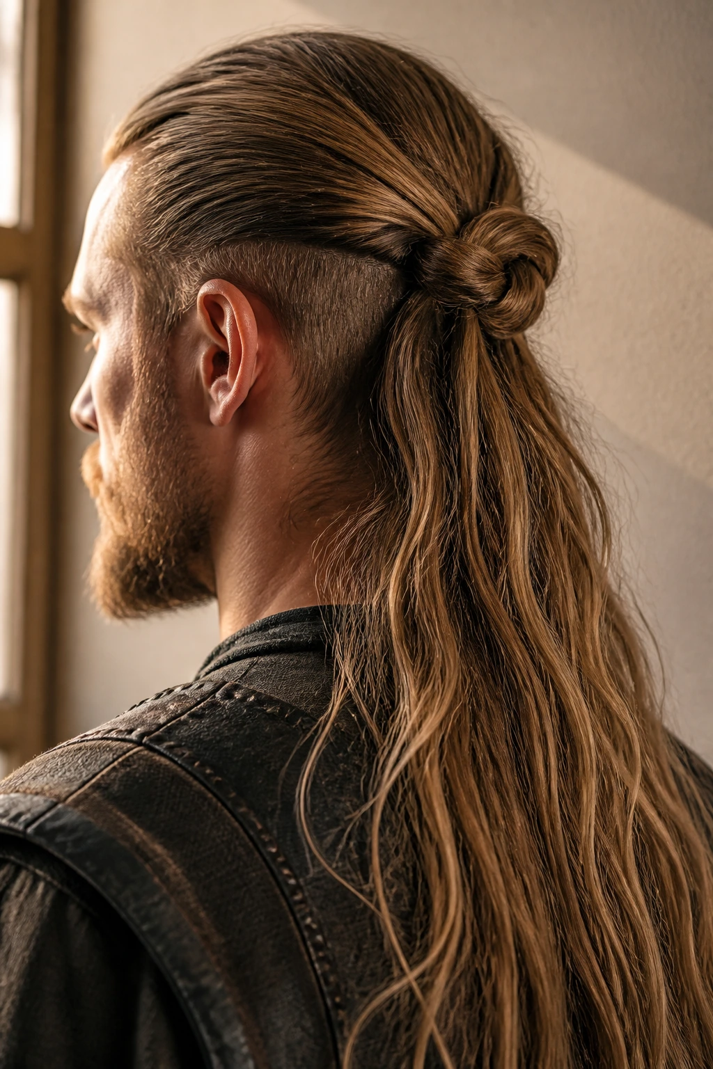 Close-up of a real person with a prominent Viking knot hairstyle