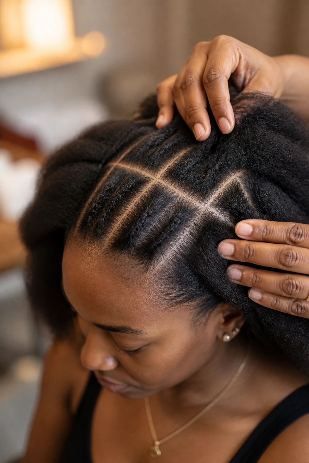 Close-up of parted hair grid with hands guiding sections for knot prep