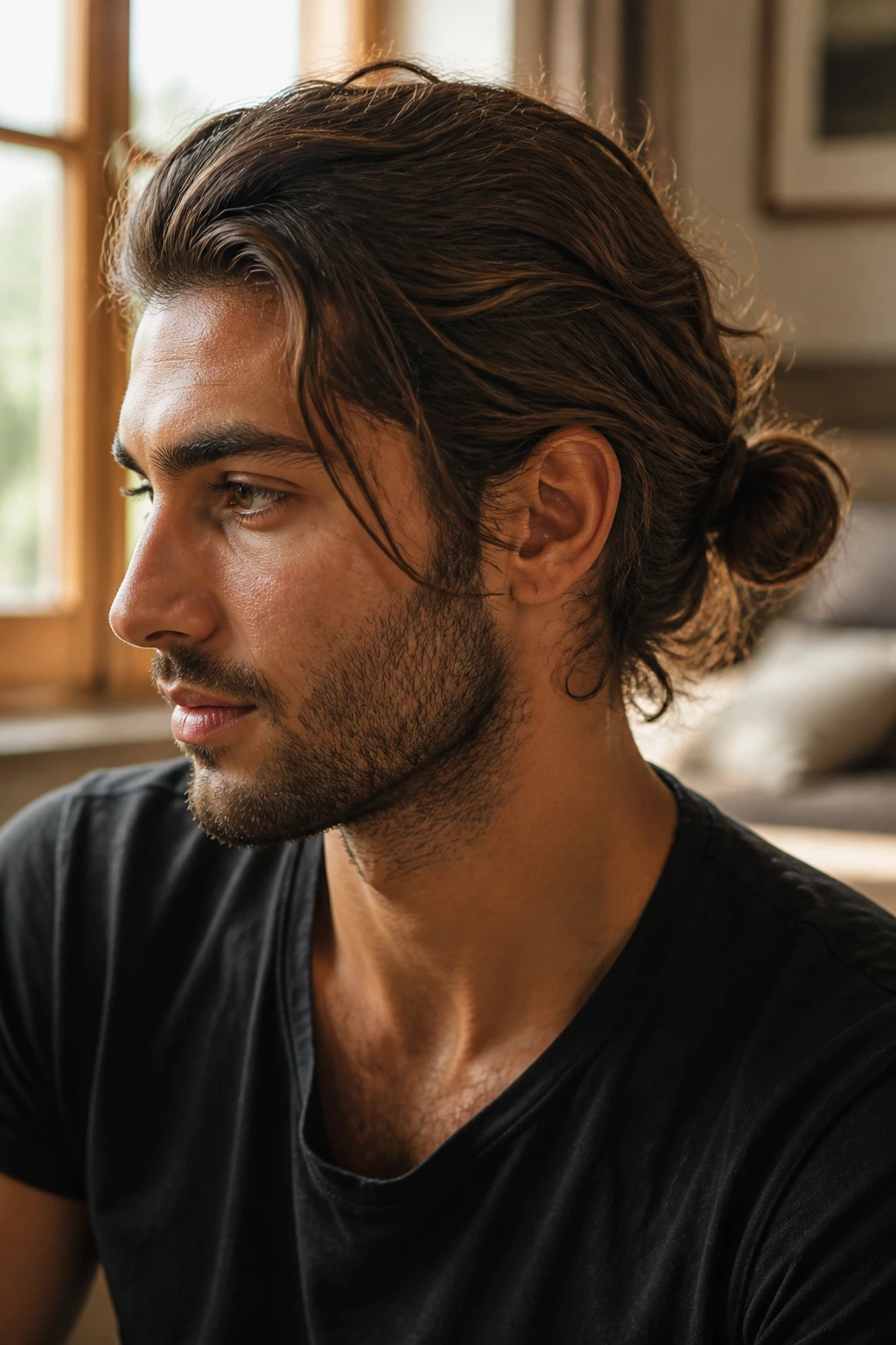Man with medium-length textured hair wearing a low top knot