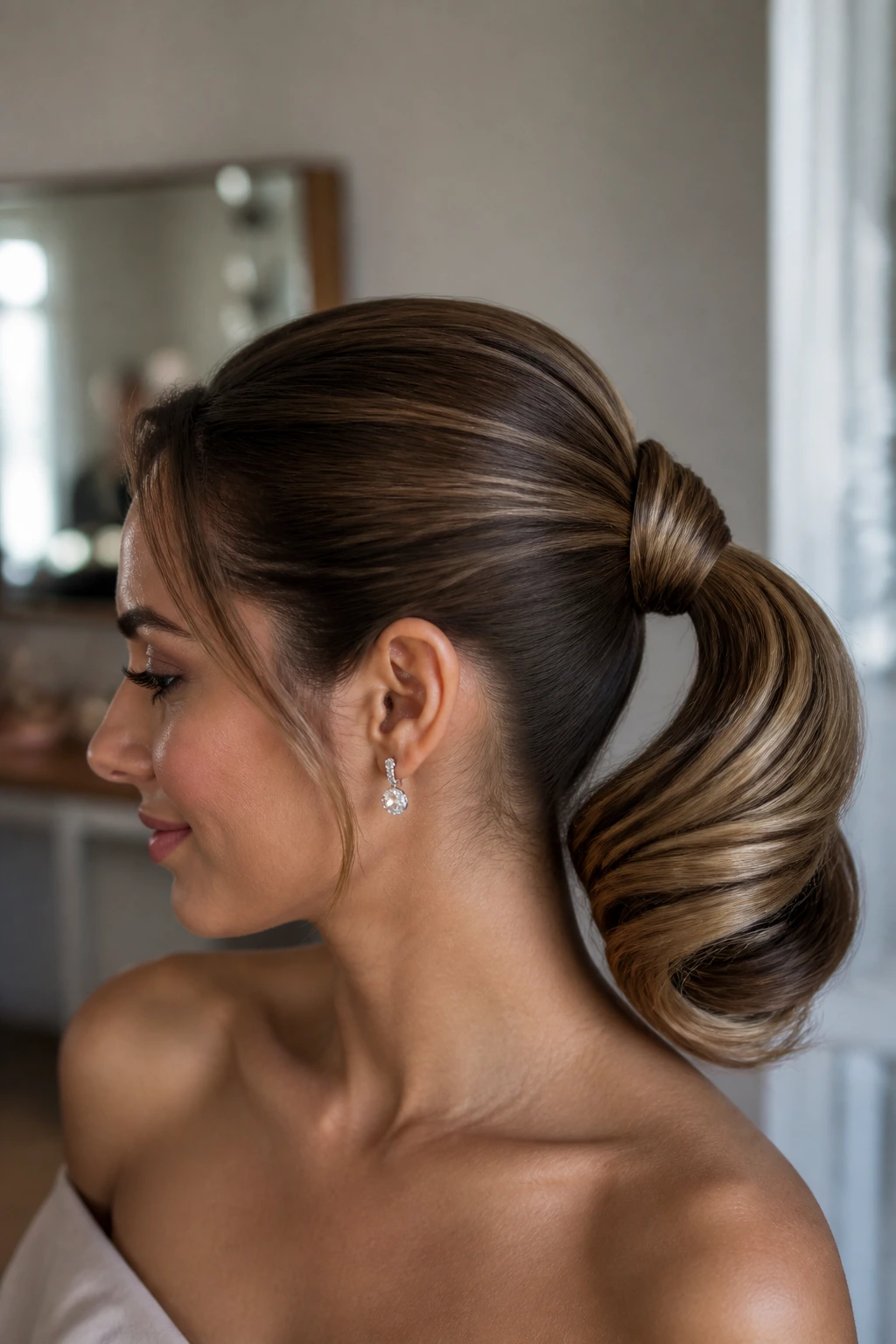 Close-up portrait of a real woman wearing knot-through pony updo with smooth loops and tight base
