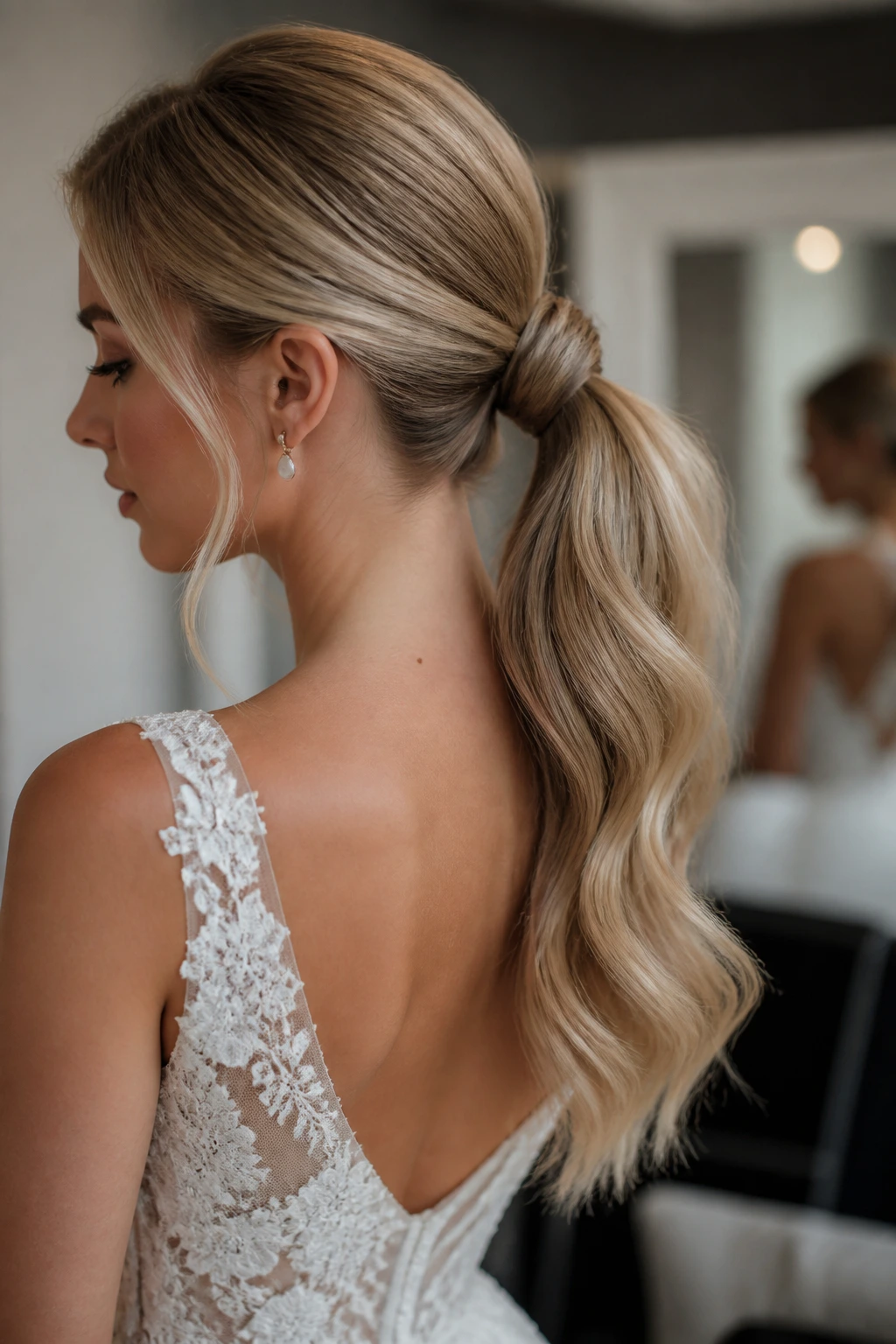 Close-up of a bride's knot-tied ponytail with a neat base knot