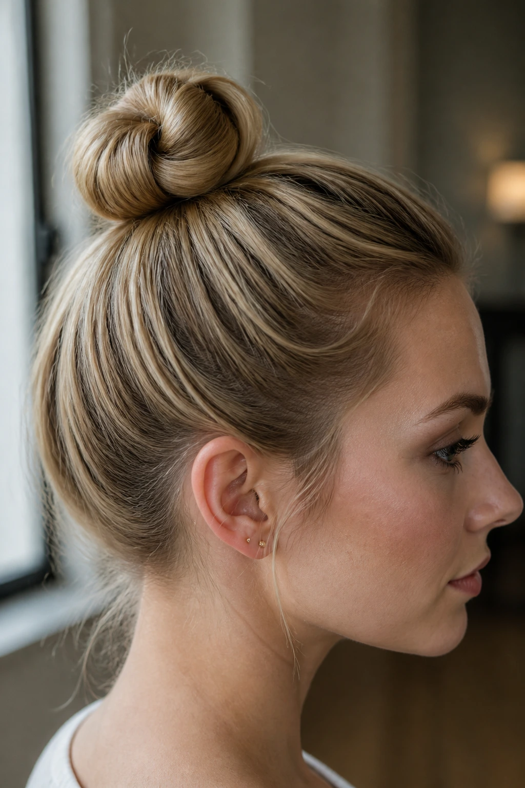 Close-up profile of a real woman with a knot-style topknot at the crown