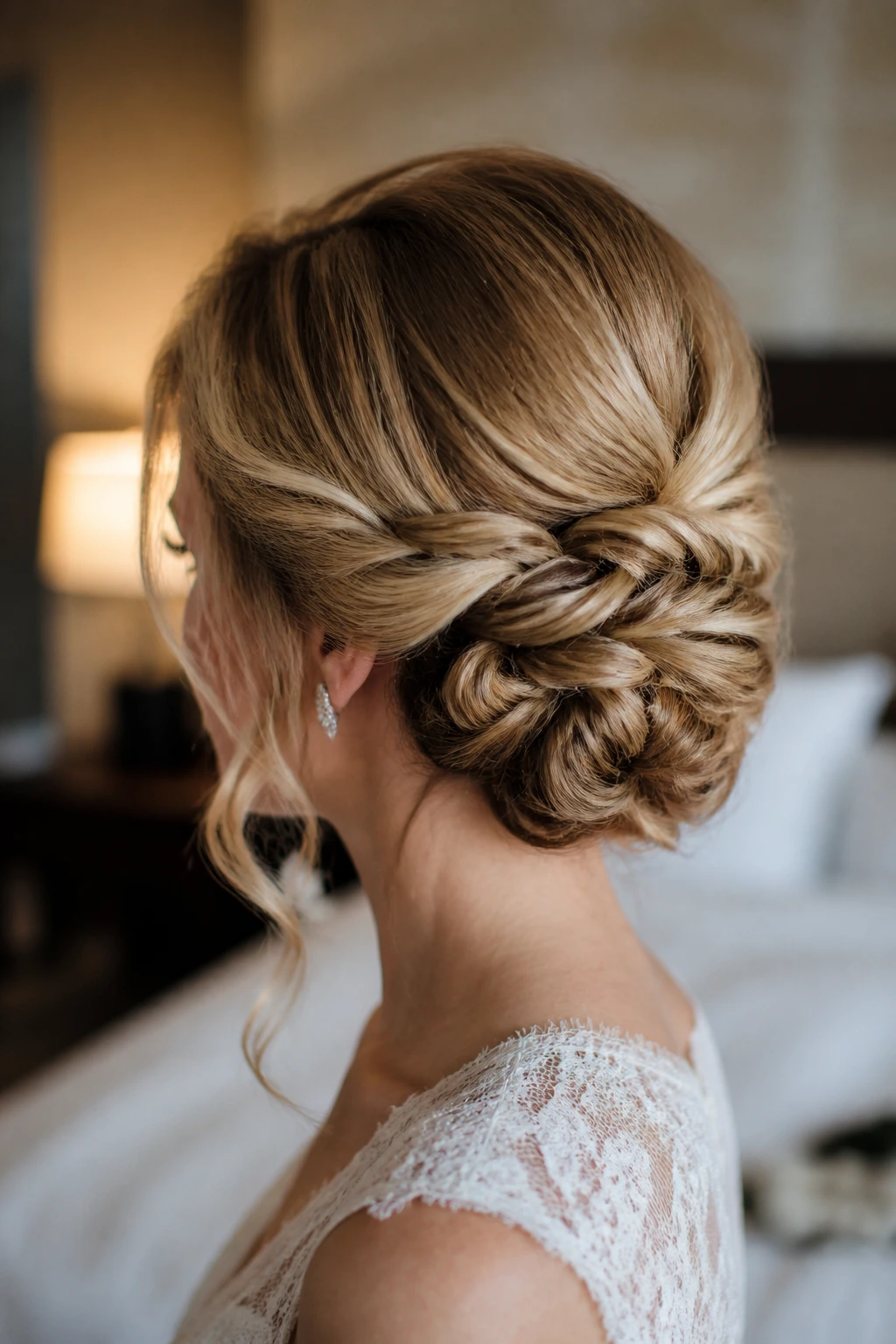 Close-up of real bride with knot-and-tuck bun showing textured ridges