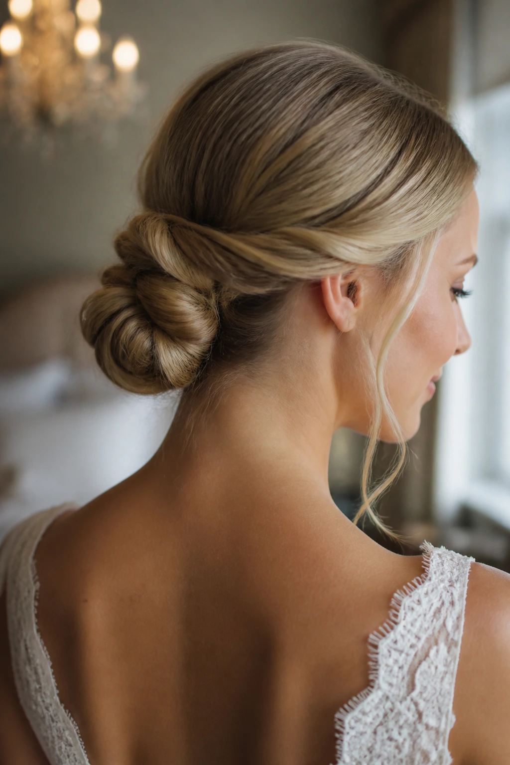 Real bride with soft knot and tuck updo showing veil space at the back