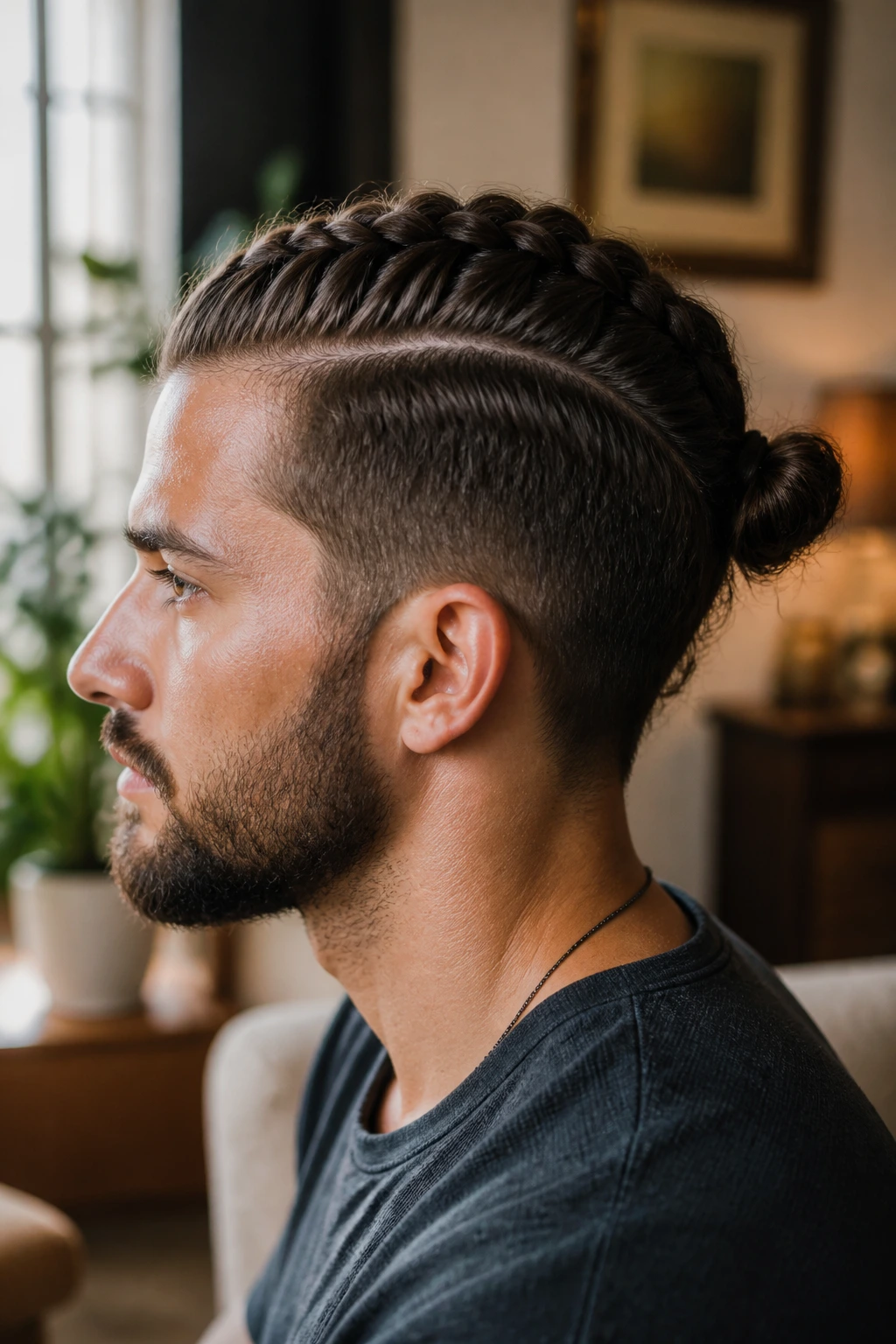 Profile portrait of a man showing braided base knot variation