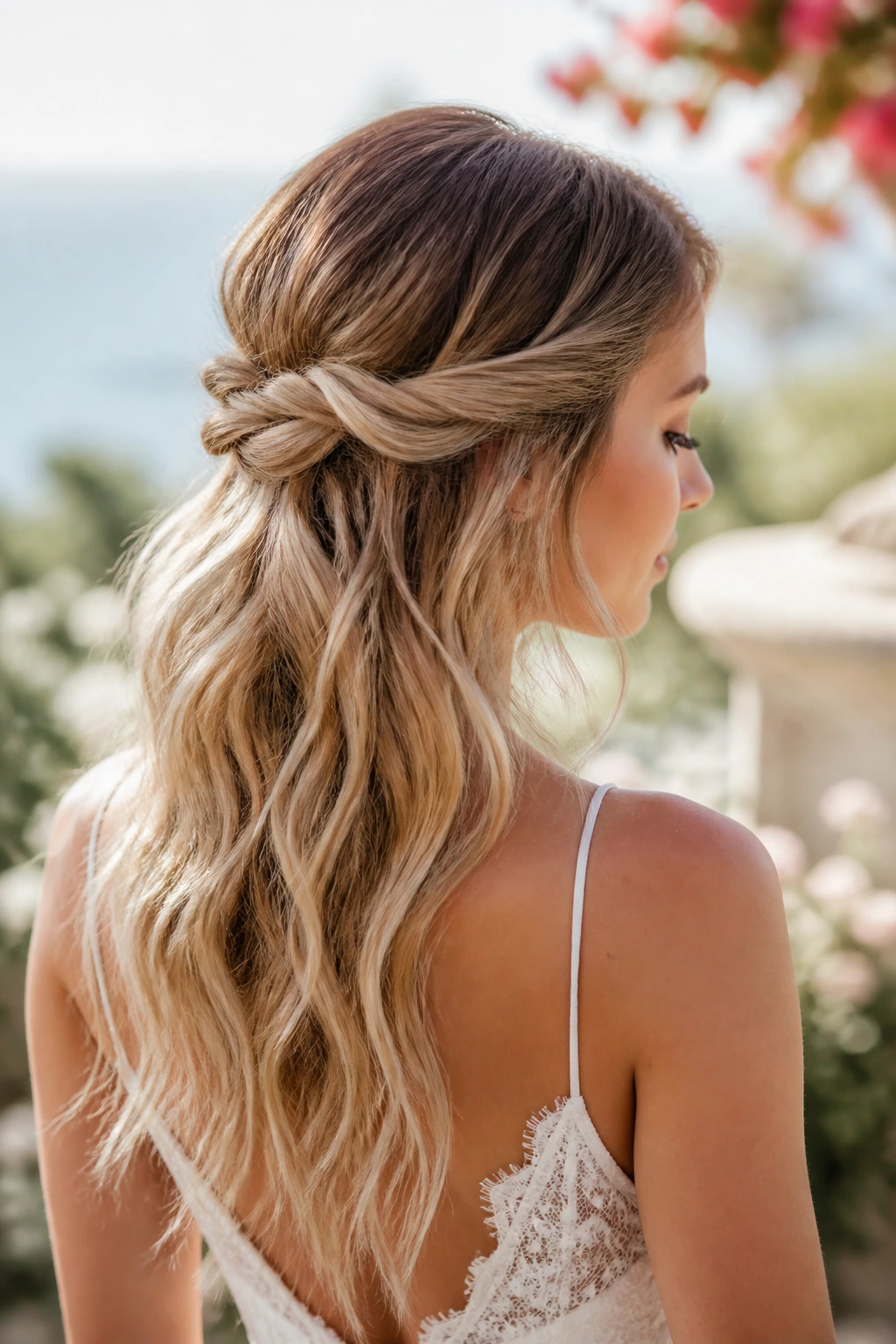 Portrait of a real bride with a half-up knot and beachy waves.