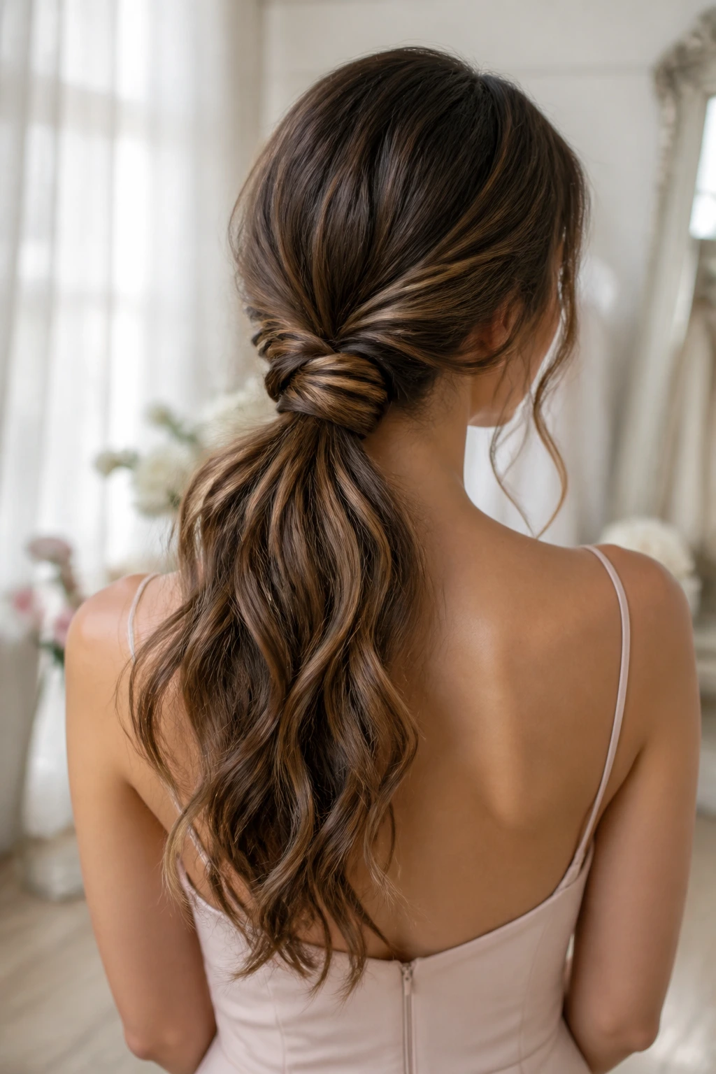 Back-portrait of a real woman with a romantic knot-wrapped ponytail