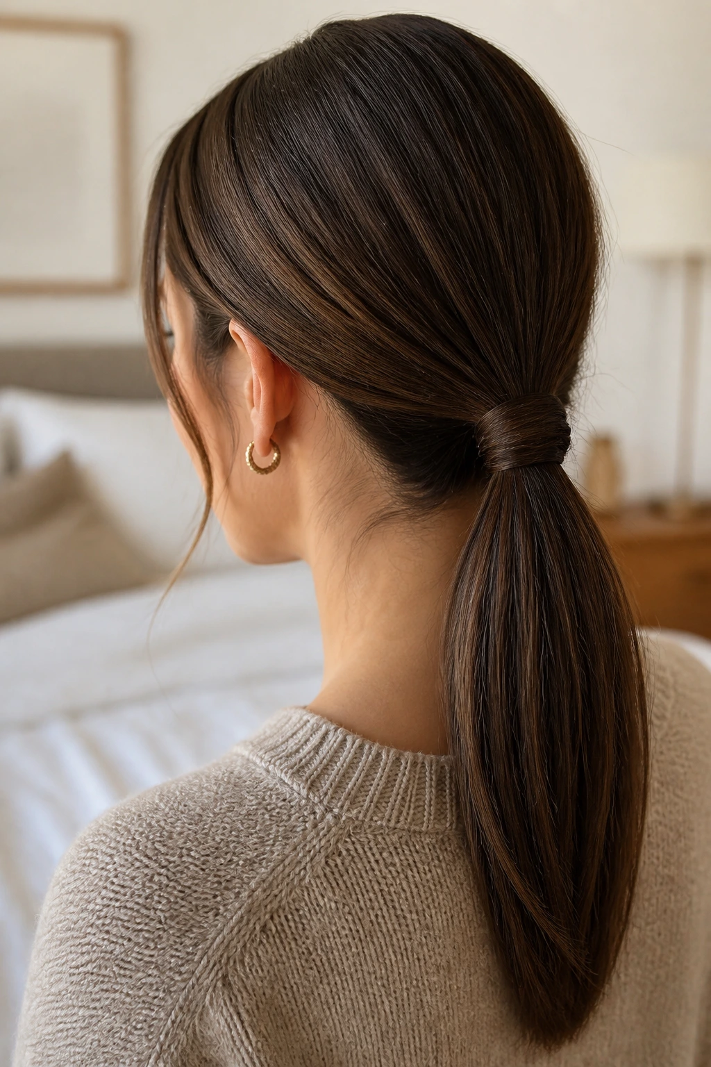 Close-up of a real woman with a low knot-wrapped ponytail