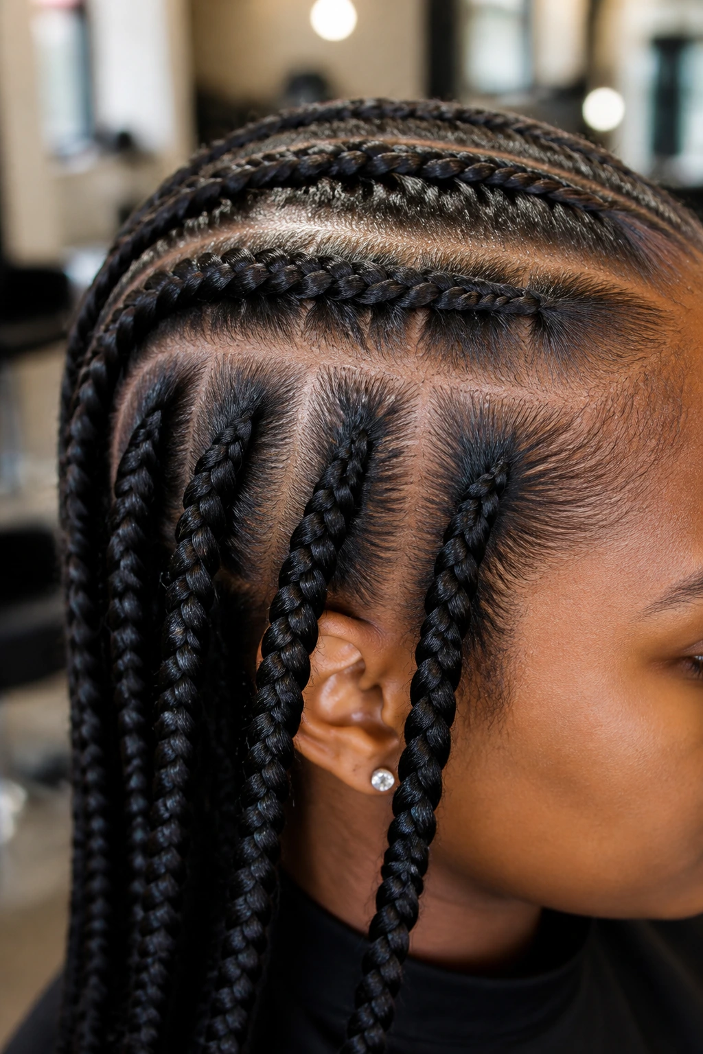 Close-up of knotless braid base at the scalp with smooth roots