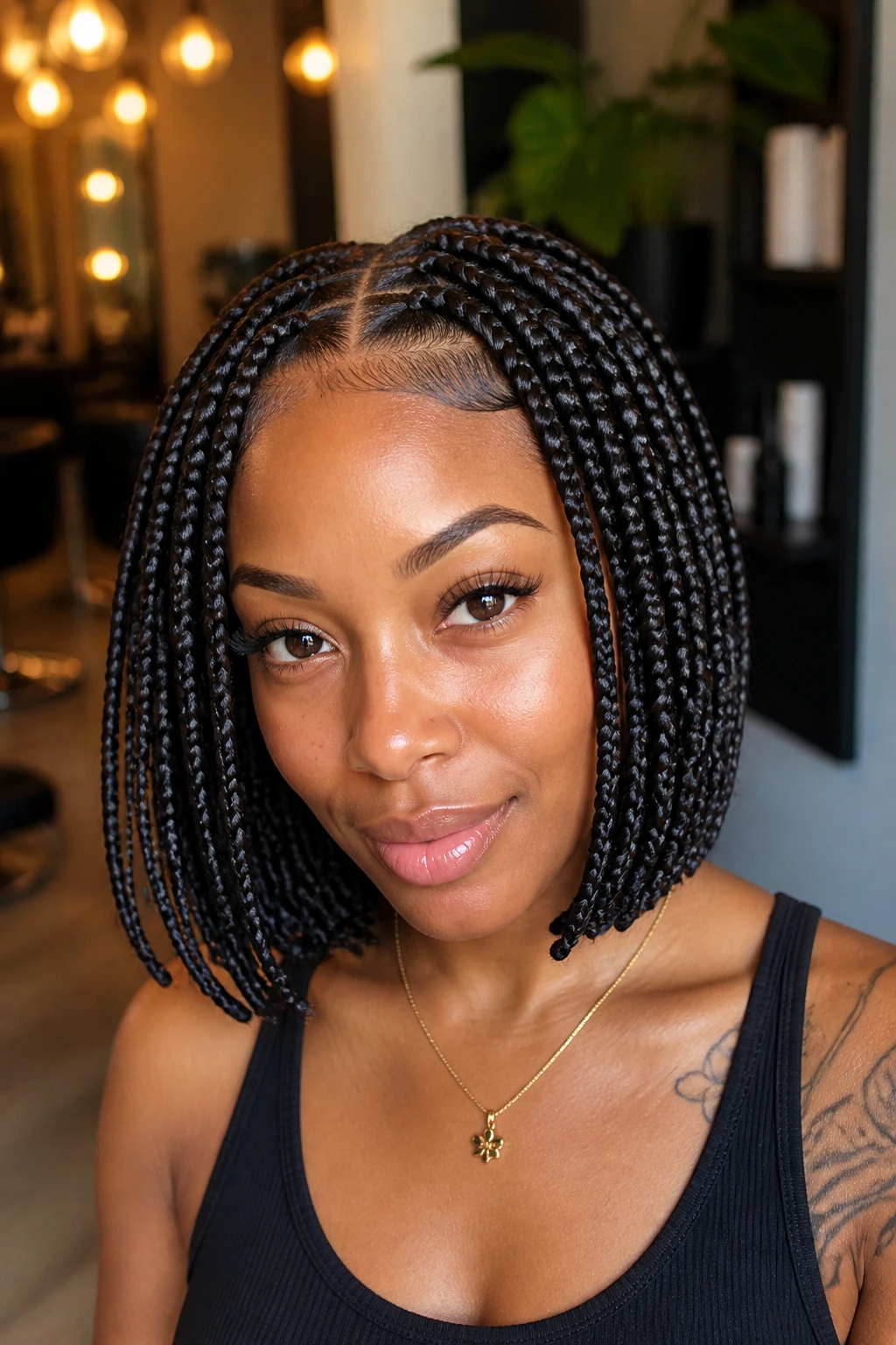 Knotless bob box braids on a real woman with flat roots and smooth front