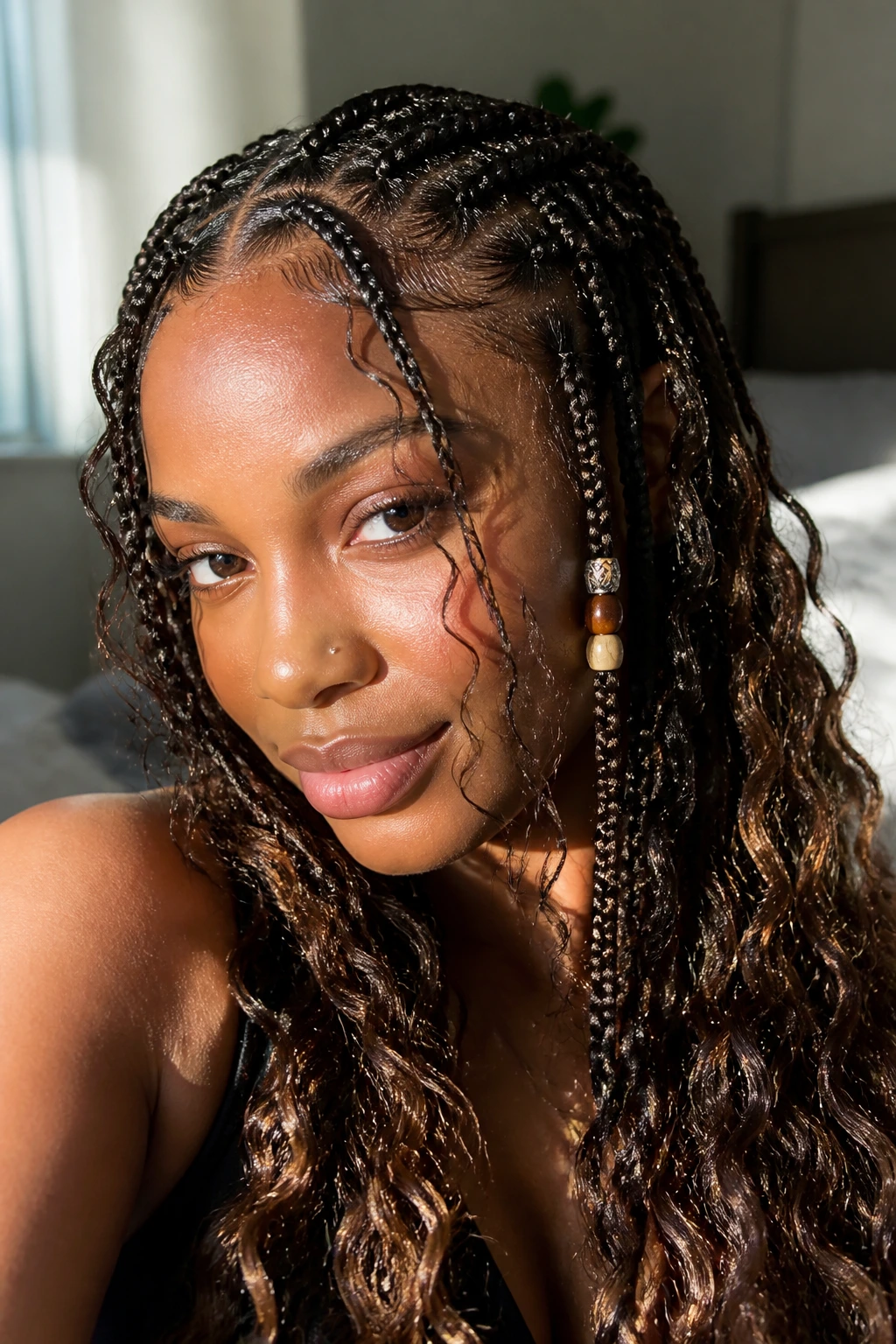 Close-up of real woman with knotless boho braids and face-framing loose curls