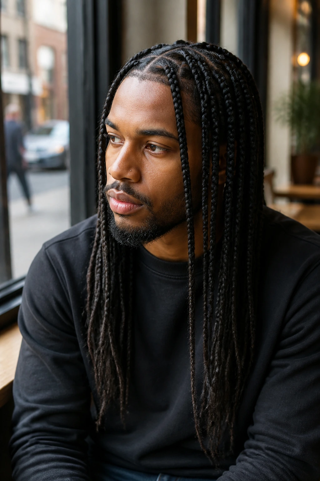 Portrait of a man with knotless box braids