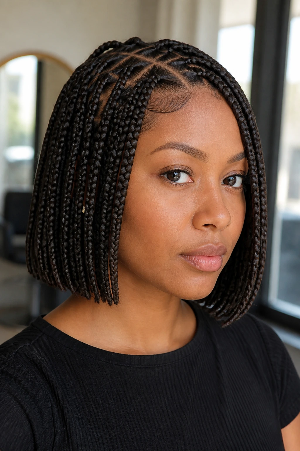 Close-up of a real woman with knotless box braids in a jaw-length bob.