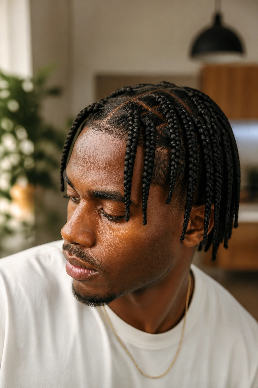 Man with knotless box braids showing flat roots and natural flow.