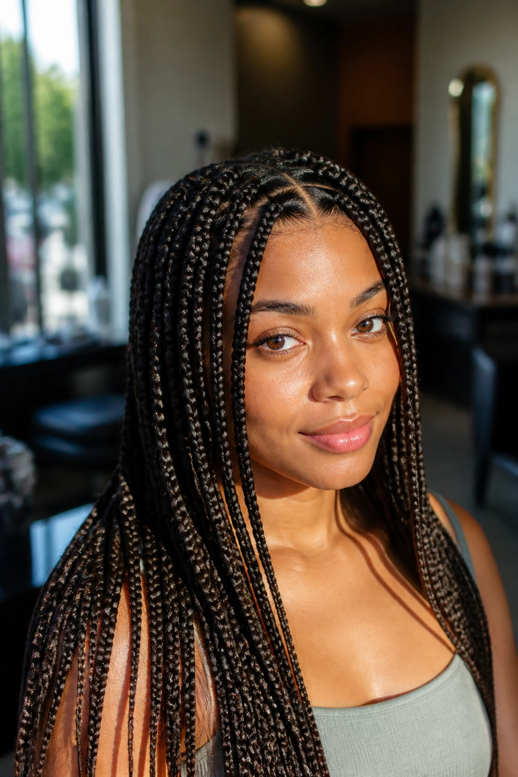 Close-up of a real woman with knotless box braids in a sunlit salon