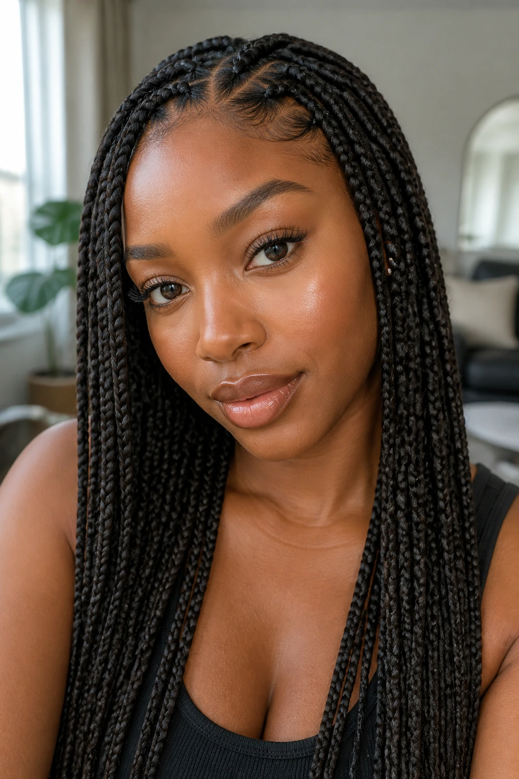 Close-up portrait of a real Black woman with knotless box braids filling the frame.