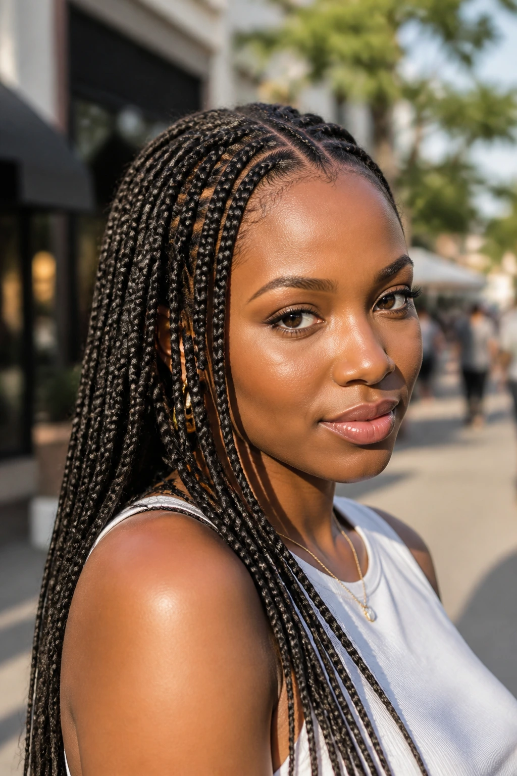 Close-up portrait of a real woman with knotless box braids starting at the scalp.