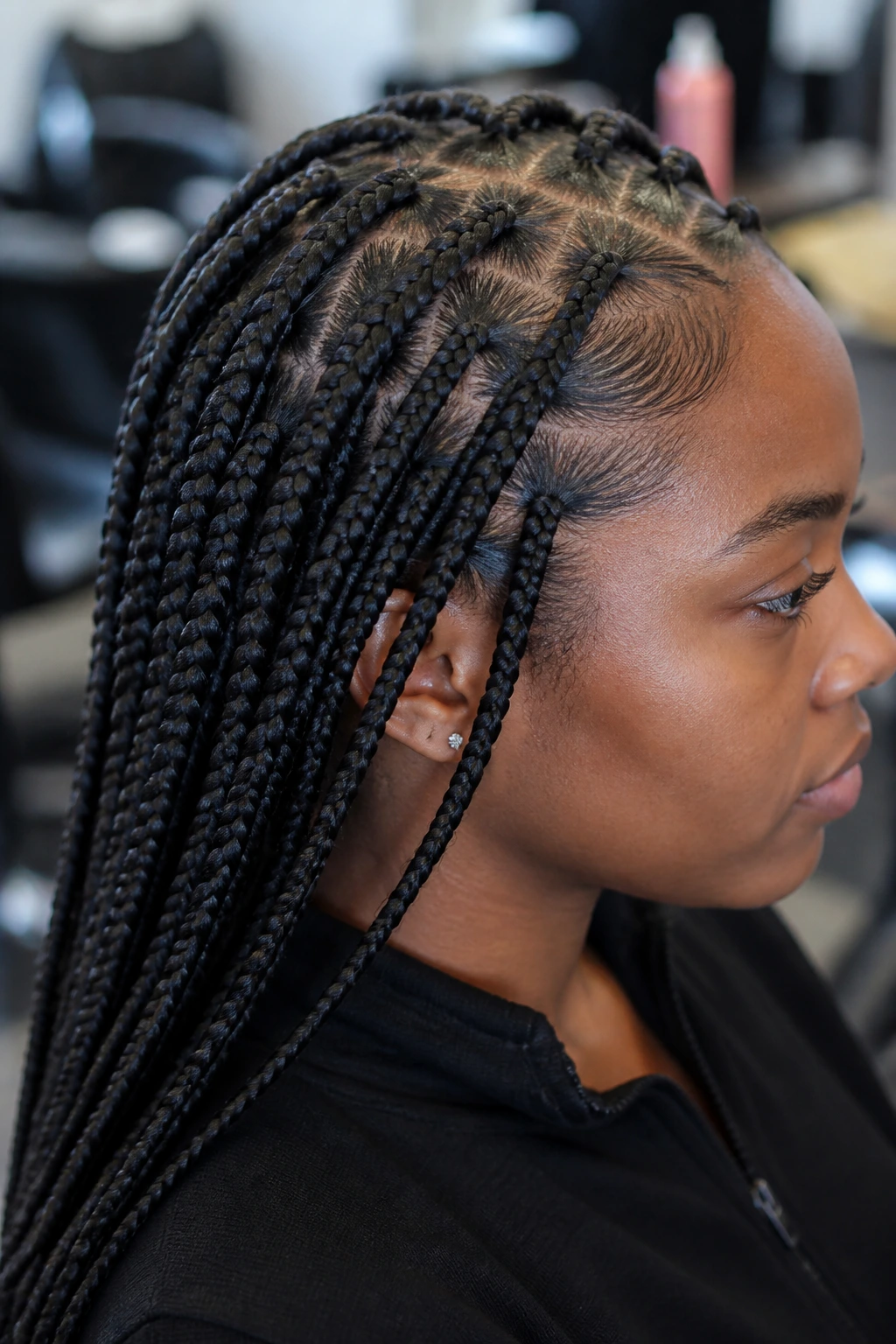 Side-profile close-up of knotless-style box braids on a real person