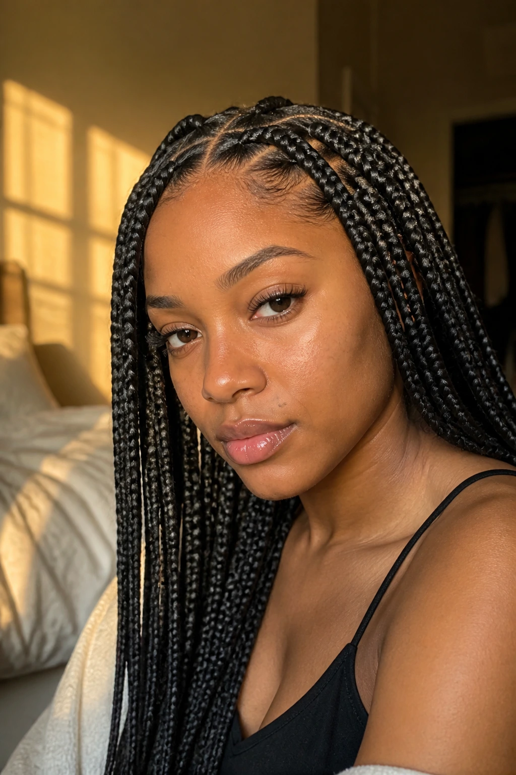 Close-up of a woman wearing knotless box braids under warm window light
