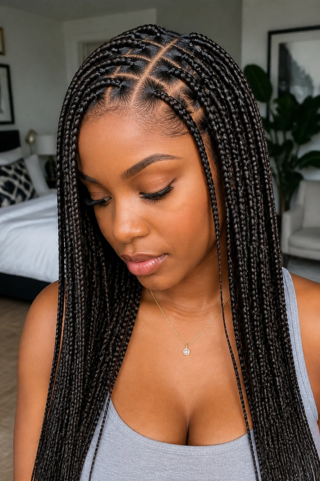 Portrait of a person with knotless box braids showing smooth roots