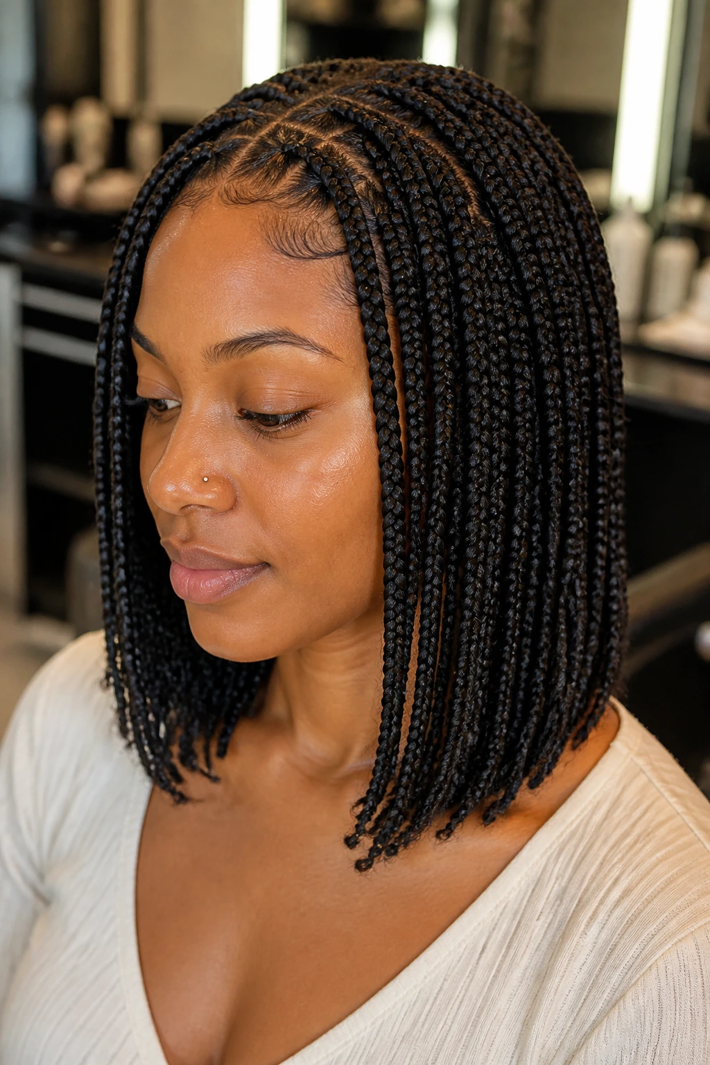 Close-up of a woman with knotless box braids at shoulder length in a salon setting