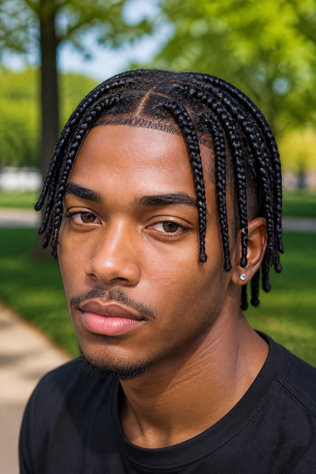Close-up of knotless box braids starting at the scalp on a real person