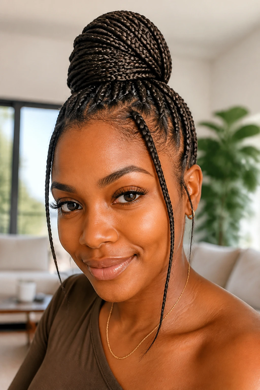 Portrait of a woman with knotless box braids in a sleek top knot