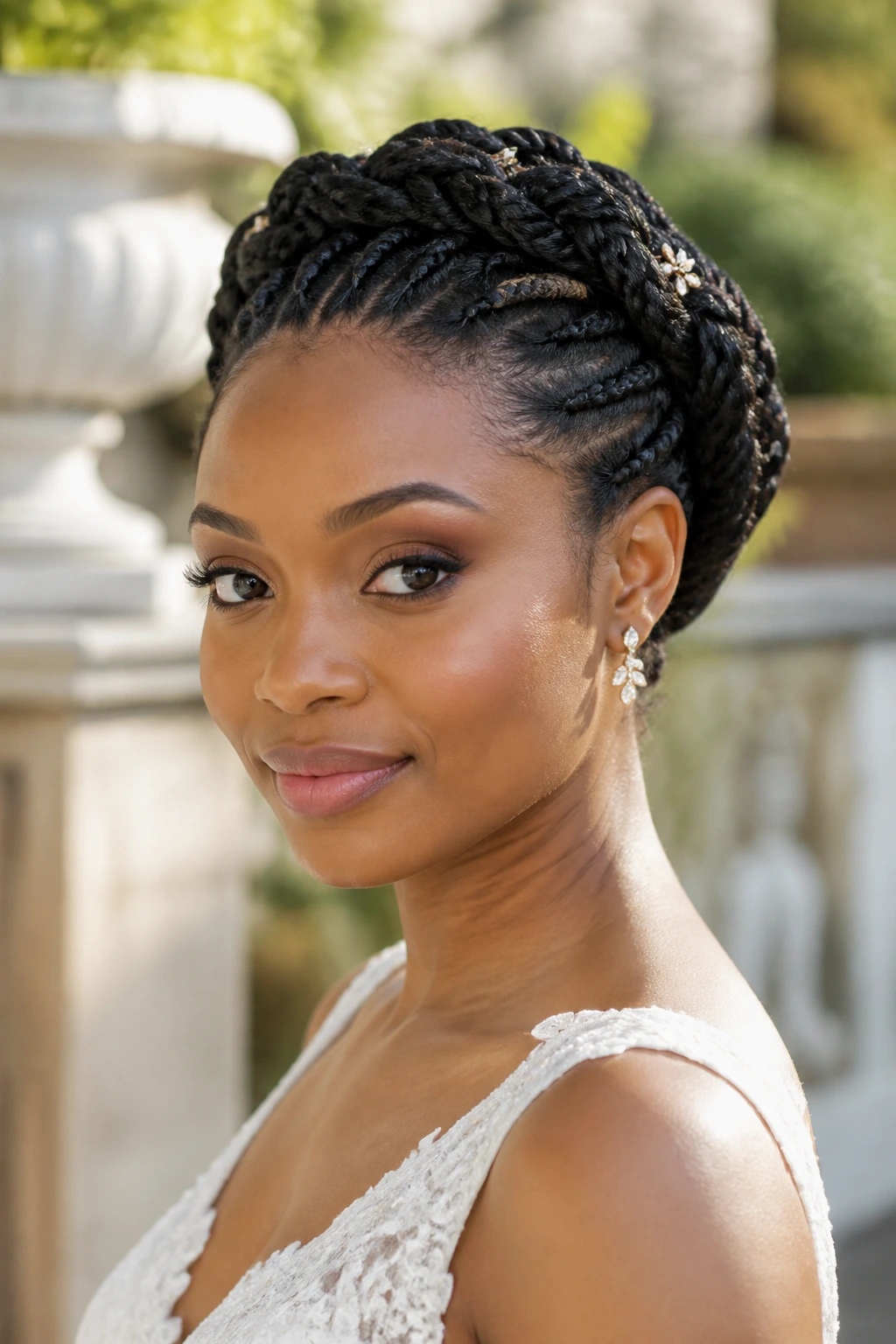 Real bride wearing knotless braid crown with tucked ends