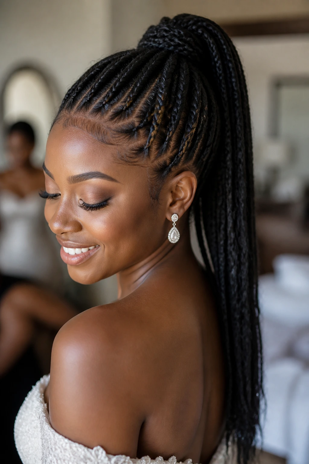 Bride sporting knotless braid ponytail with smooth base and long ponytail.