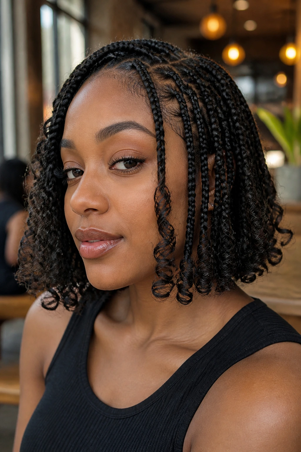 Close-up of a real woman with knotless braided bob and curly tips in a cafe.