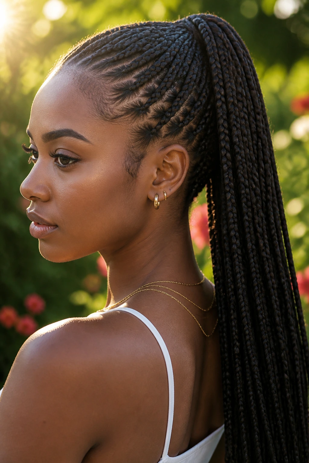 Close-up of a real woman with a knotless braided ponytail