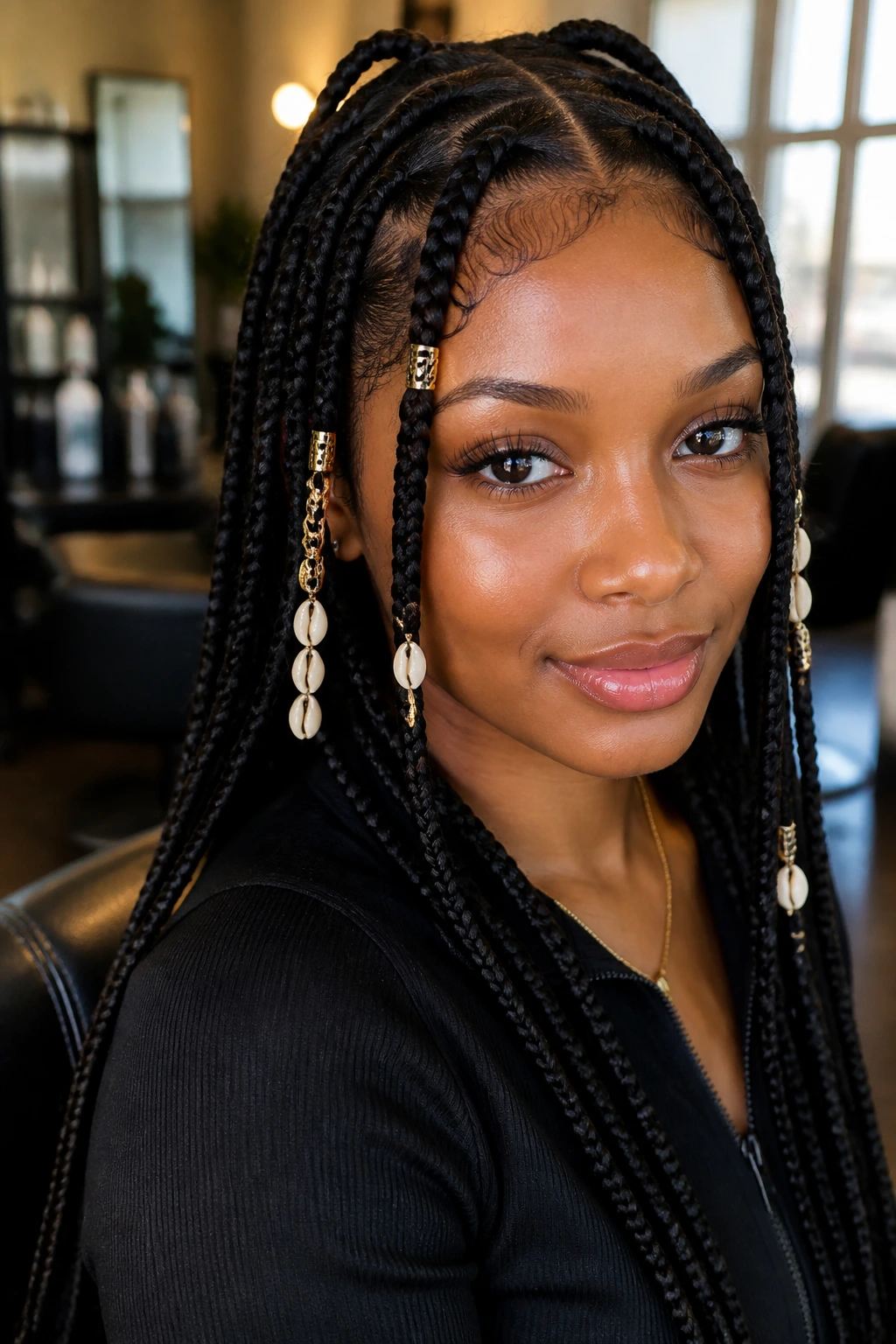 Close-up of a real woman with accessory-heavy knotless braids featuring metal cuffs and shells.