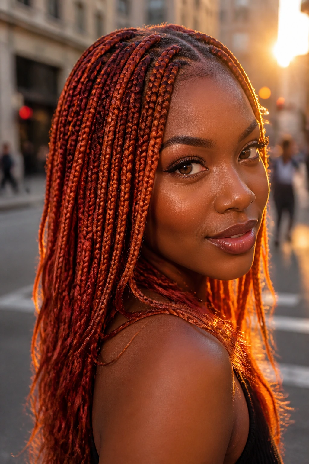 Close-up of knotless braids in auburn copper tones on a real woman