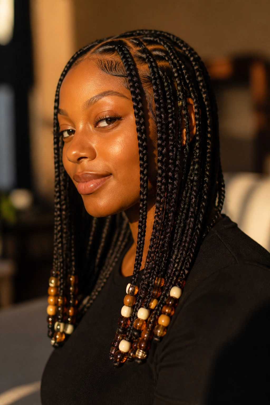 Close-up portrait of a real woman with knotless braids featuring end beads.