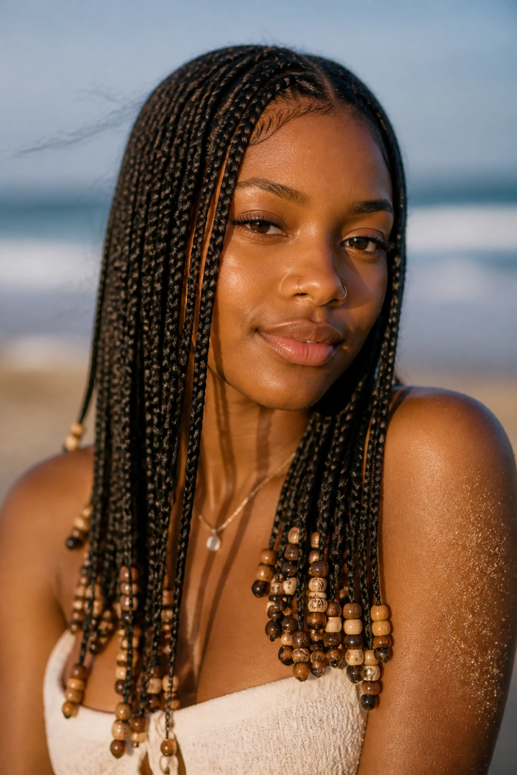 Close-up of knotless braids ending with beads on a real woman