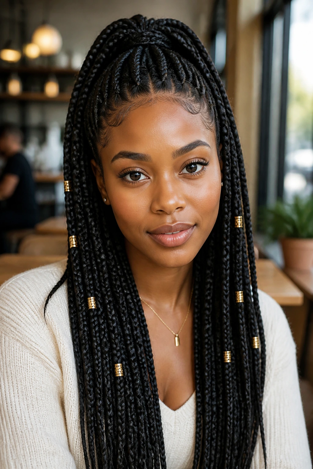 Portrait of a woman with knotless braids half-up and gold beads.