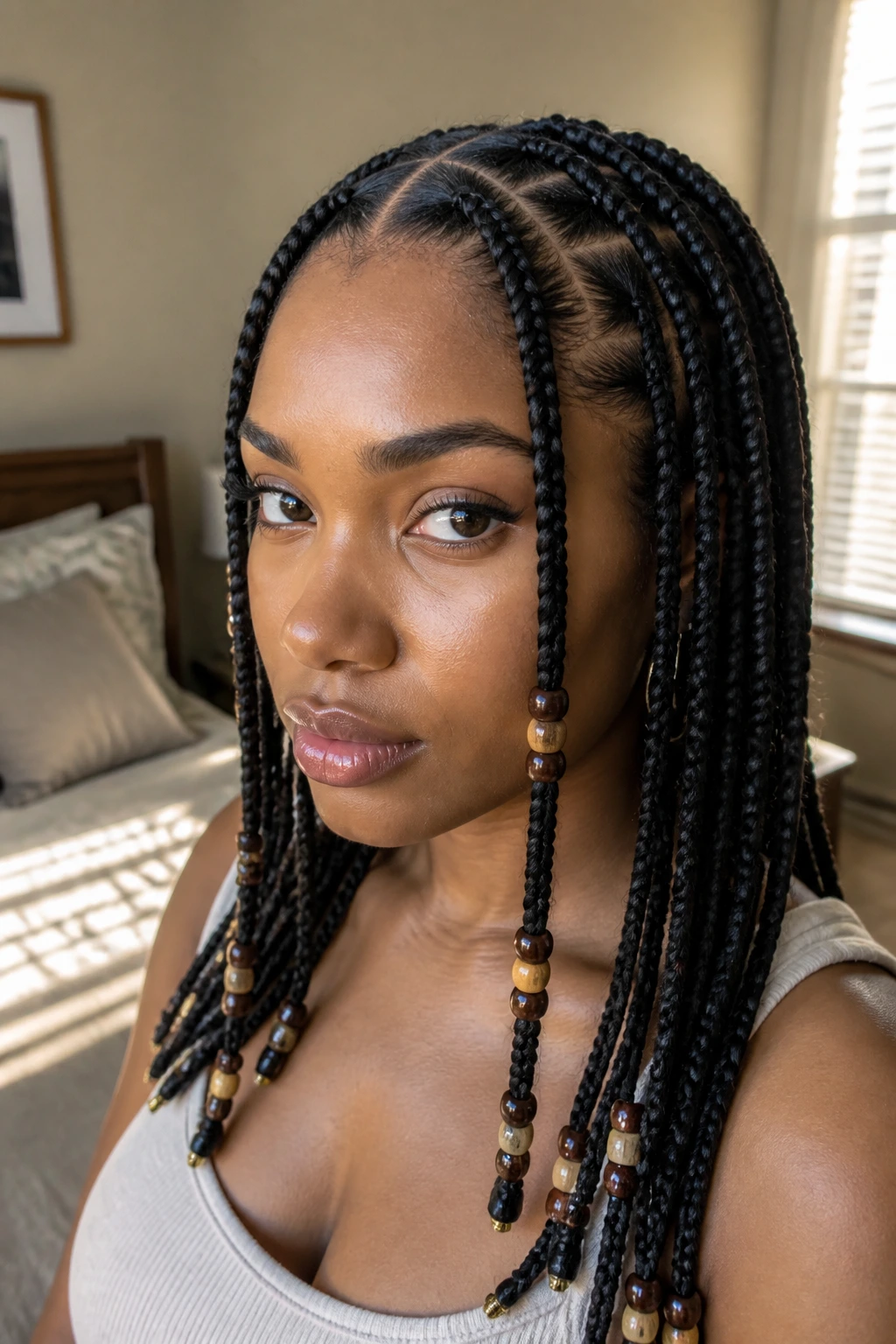 Close-up of knotless braids with beads on a real person, showing a clean, balanced finish