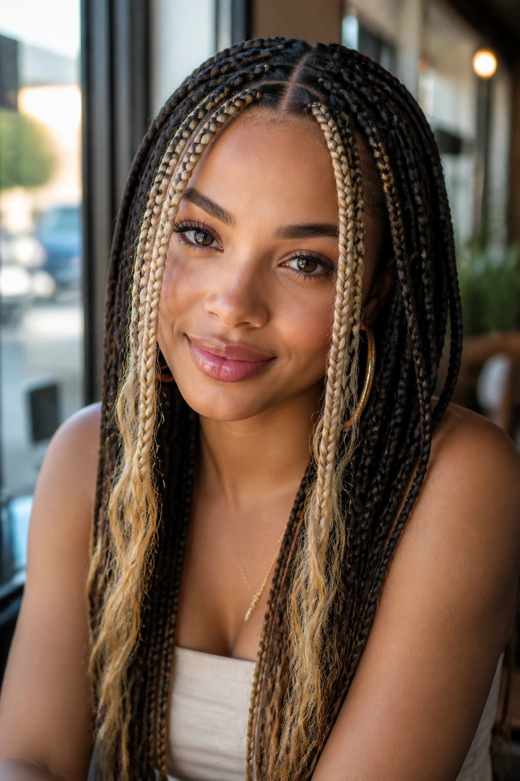 Woman with knotless braids and blonde money pieces at front
